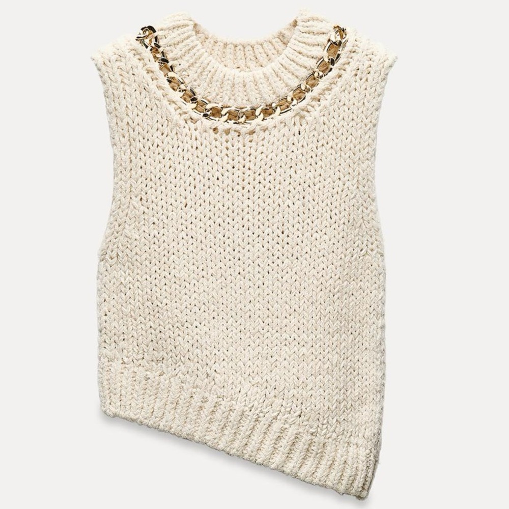 Zara Cream Sweater Vest with Gold Chain Detail